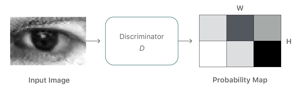 Shows one image that is input to a discriminator network and the resulting two dimensional probability map, width by height, that's used to compute the adversarial loss function.
